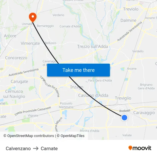 Calvenzano to Carnate map