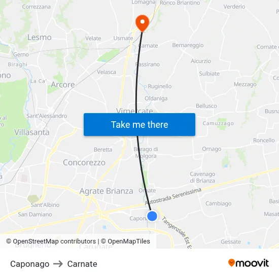 Caponago to Carnate map
