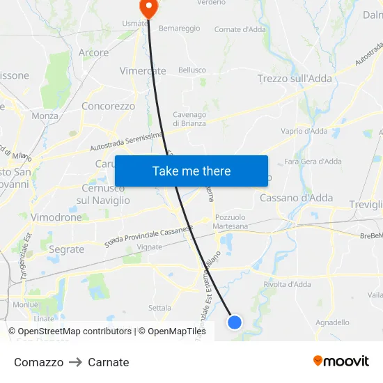 Comazzo to Carnate map