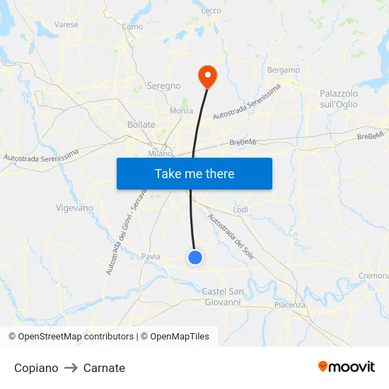 Copiano to Carnate map