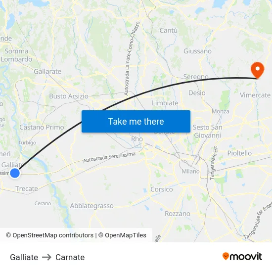 Galliate to Carnate map