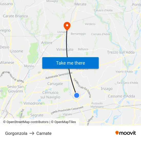 Gorgonzola to Carnate map