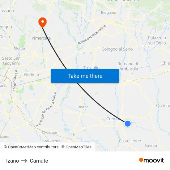 Izano to Carnate map