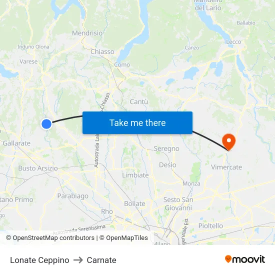 Lonate Ceppino to Carnate map