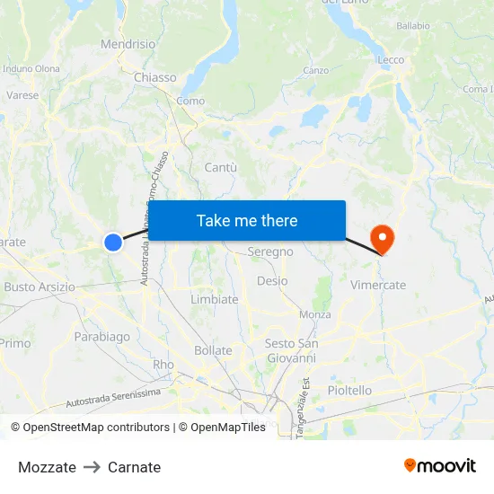Mozzate to Carnate map