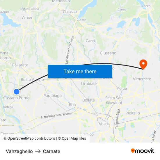 Vanzaghello to Carnate map