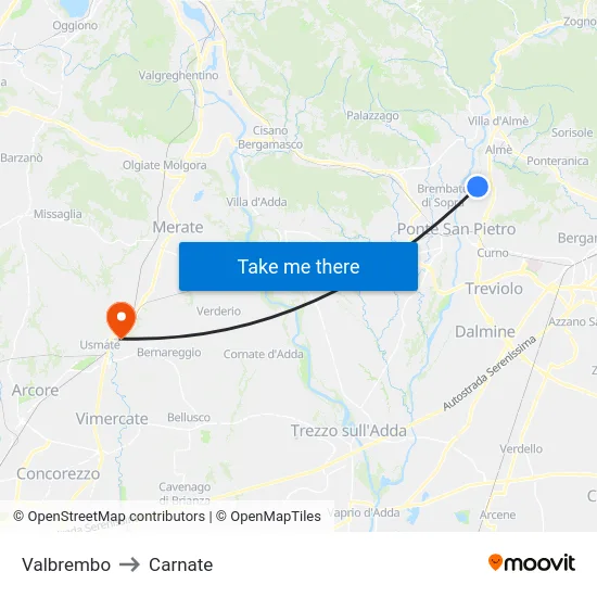 Valbrembo to Carnate map