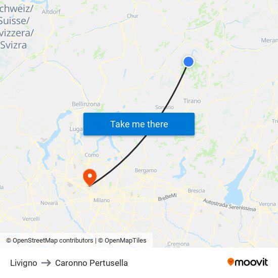 Livigno to Caronno Pertusella map