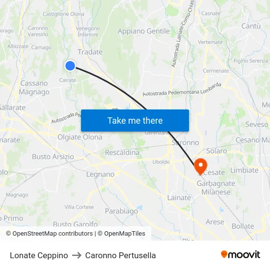 Lonate Ceppino to Caronno Pertusella map