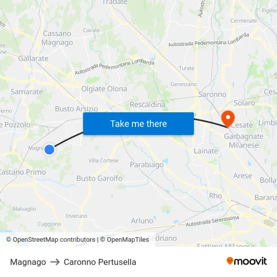 Magnago to Caronno Pertusella map
