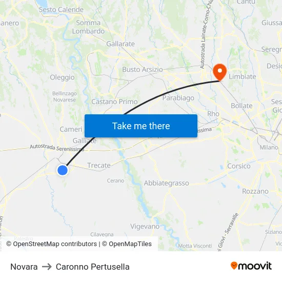 Novara to Caronno Pertusella map