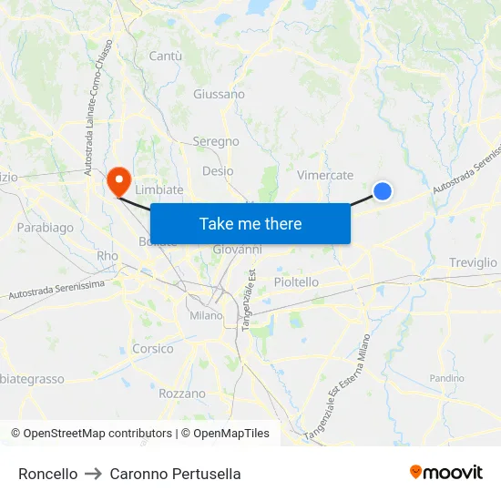 Roncello to Caronno Pertusella map