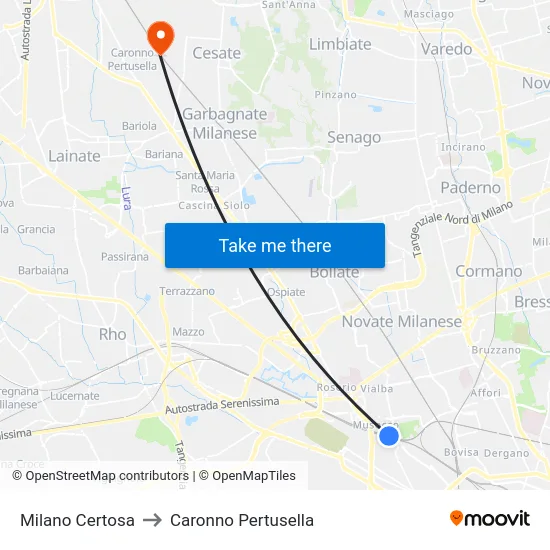 Milano Certosa to Caronno Pertusella map