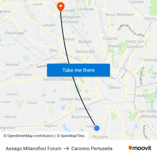 Assago Milanofiori Forum to Caronno Pertusella map