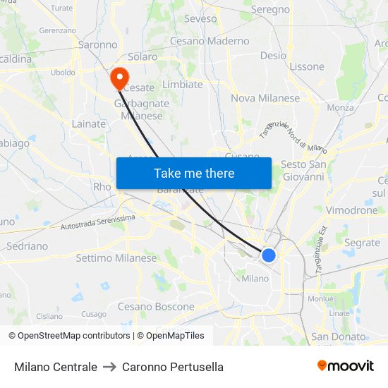 Milano Centrale to Caronno Pertusella map