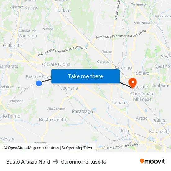 Busto Arsizio Nord to Caronno Pertusella map