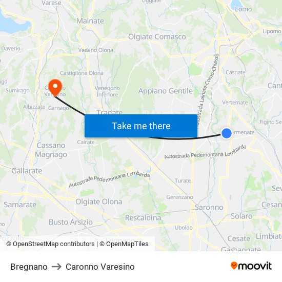 Bregnano to Caronno Varesino map