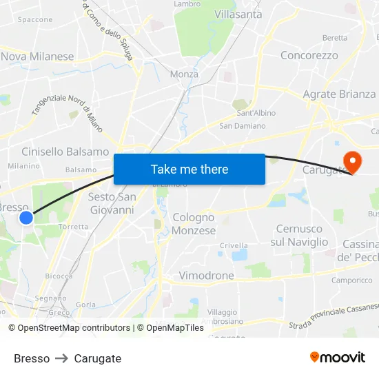 Bresso to Carugate map