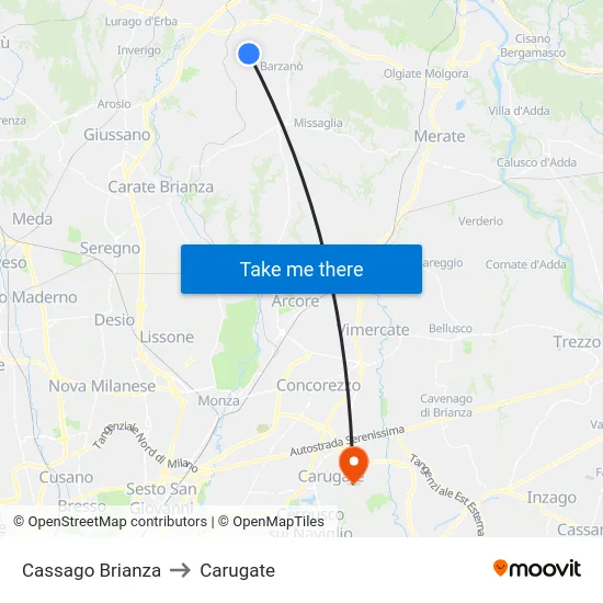 Cassago Brianza to Carugate map