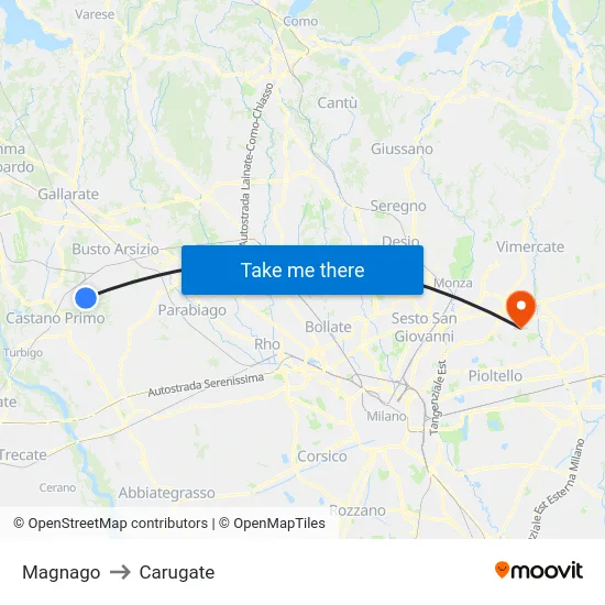 Magnago to Carugate map
