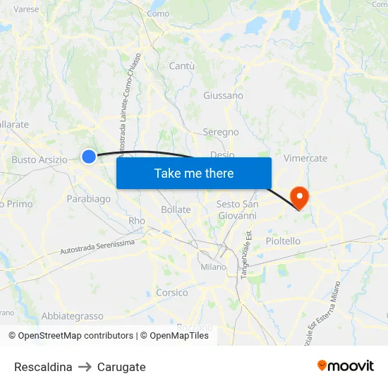 Rescaldina to Carugate map
