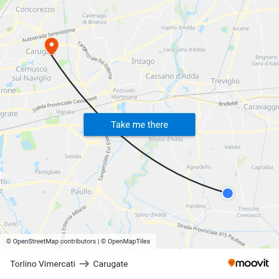 Torlino Vimercati to Carugate map