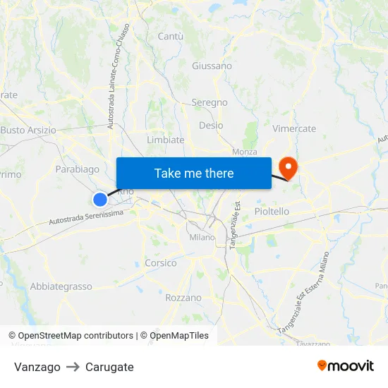 Vanzago to Carugate map