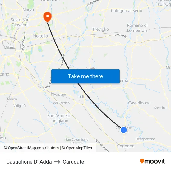 Castiglione D' Adda to Carugate map