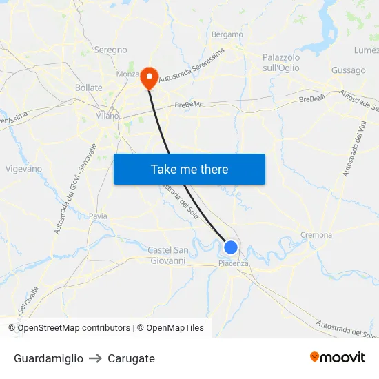 Guardamiglio to Carugate map