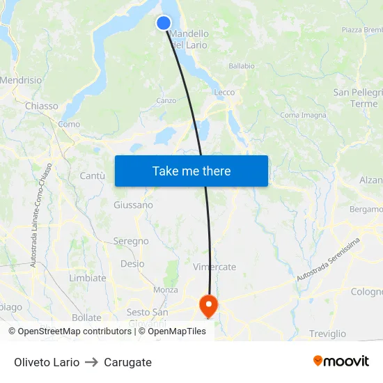 Oliveto Lario to Carugate map