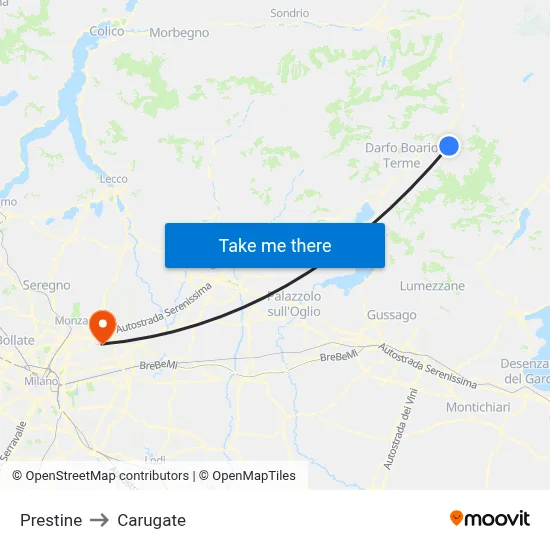 Prestine to Carugate map