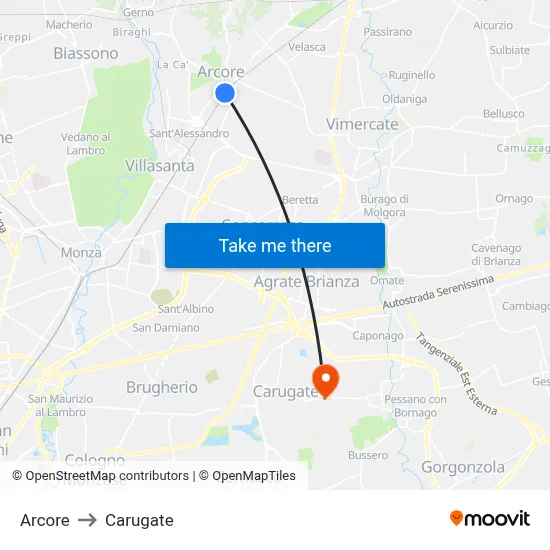 Arcore to Carugate map