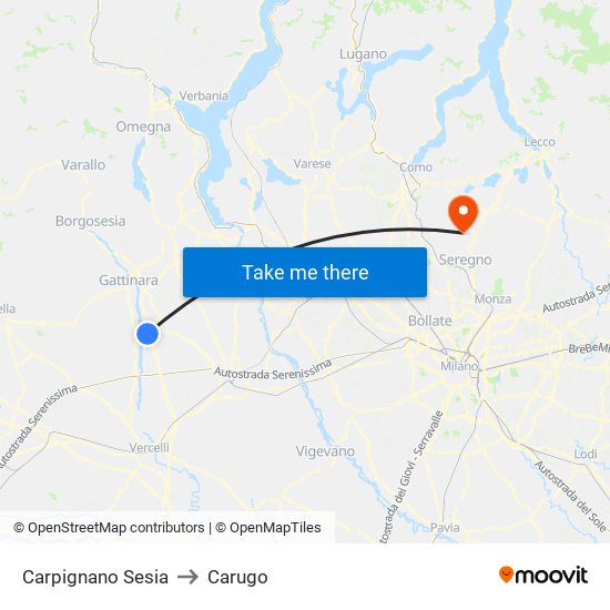 Carpignano Sesia to Carugo map