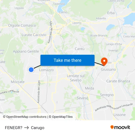 Fenegro to Carugo map