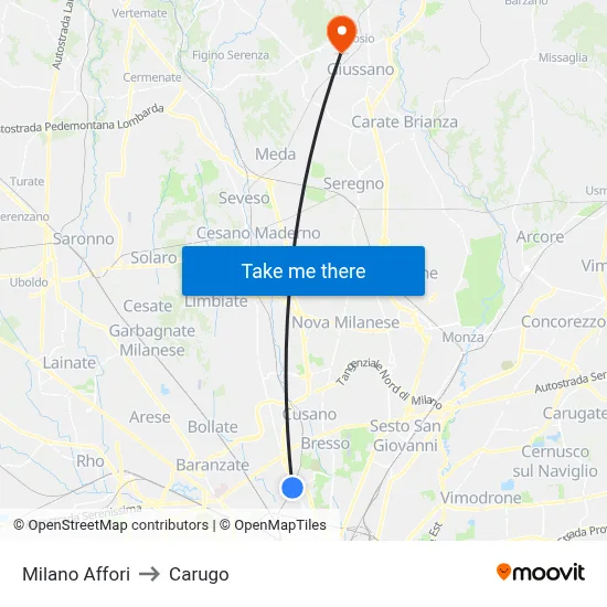 Milano Affori to Carugo map