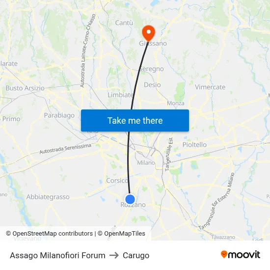 Assago Milanofiori Forum to Carugo map
