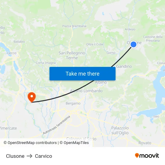 Clusone to Carvico map