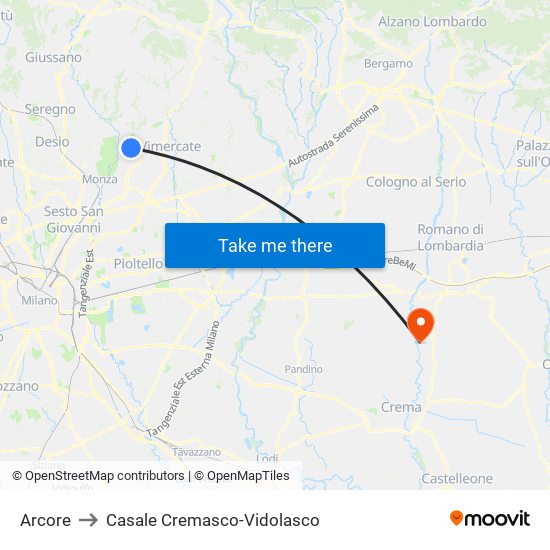 Arcore to Casale Cremasco-Vidolasco map