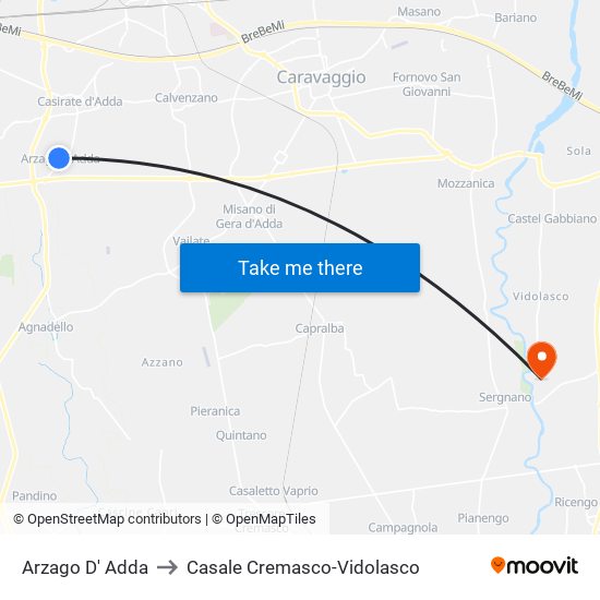 Arzago D' Adda to Casale Cremasco-Vidolasco map