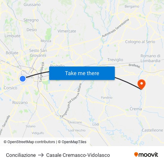 Conciliazione to Casale Cremasco-Vidolasco map