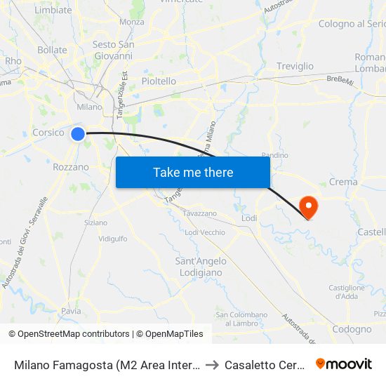 Milano Famagosta (M2 Area Interscambio) to Casaletto Ceredano map