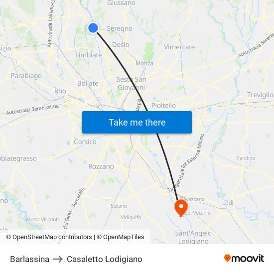 Barlassina to Casaletto Lodigiano map