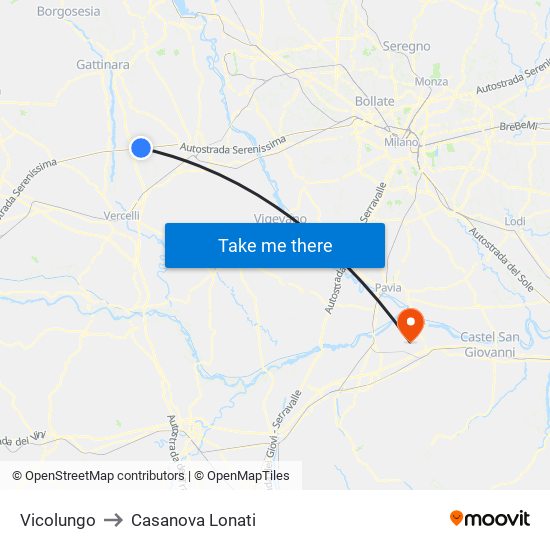 Vicolungo to Casanova Lonati map