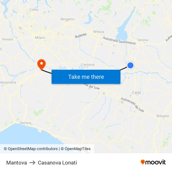 Mantova to Casanova Lonati map