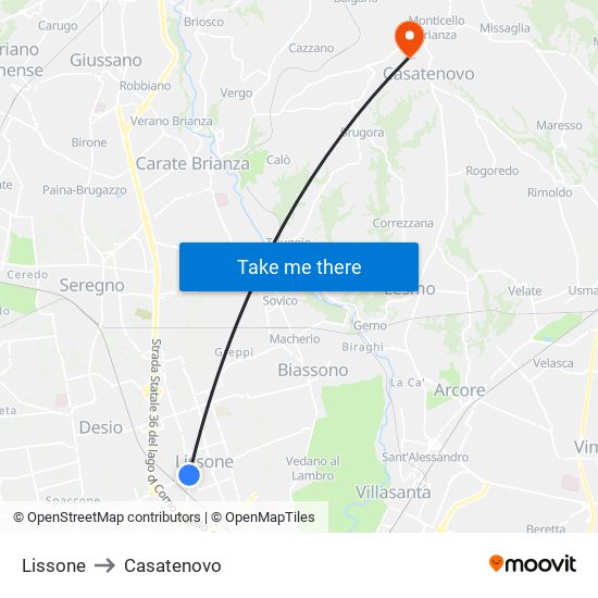 Lissone to Casatenovo map