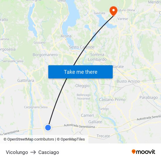 Vicolungo to Casciago map