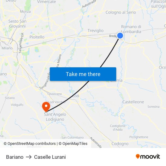 Bariano to Caselle Lurani map