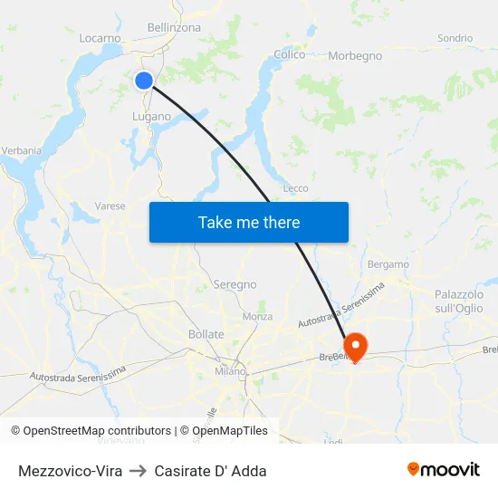 Mezzovico-Vira to Casirate D' Adda map