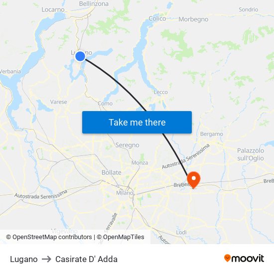 Lugano to Casirate D' Adda map