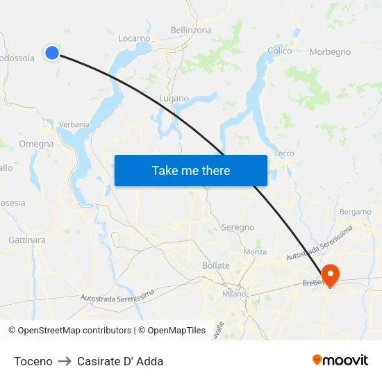 Toceno to Casirate D' Adda map